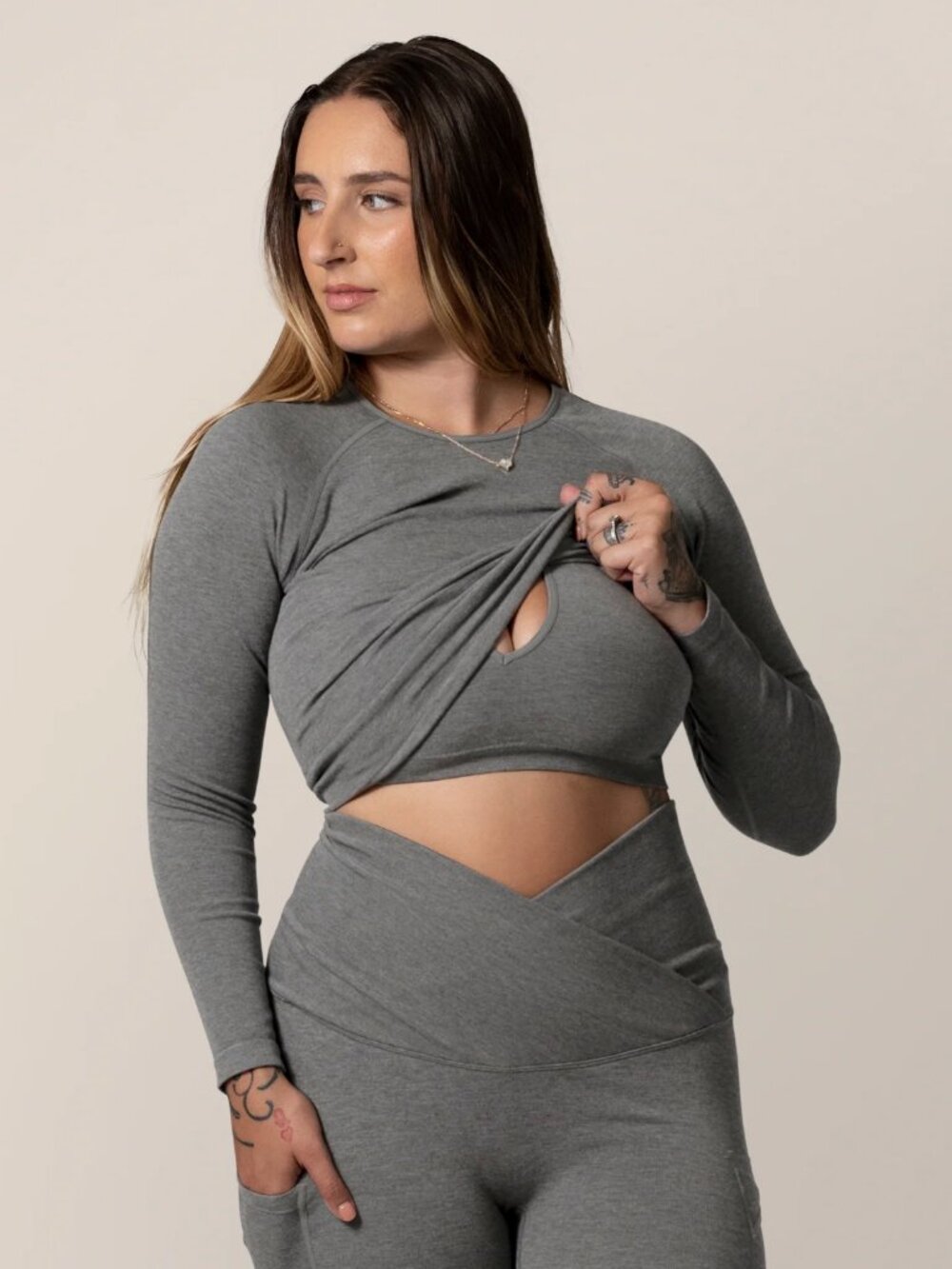 NWT Kindred Bravely Long Sleeve Sublime Bamboo Crop Top Charcoal S